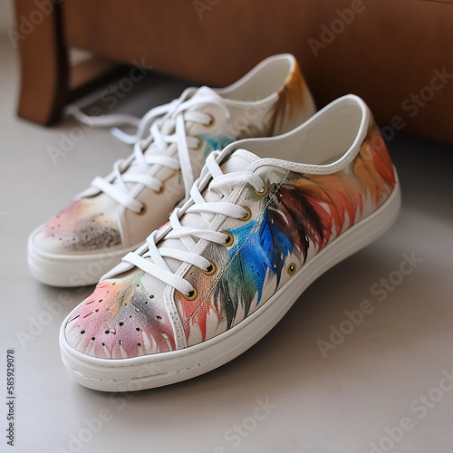 unusual sneakers with colored feather trim, creative shoe design, ai generative