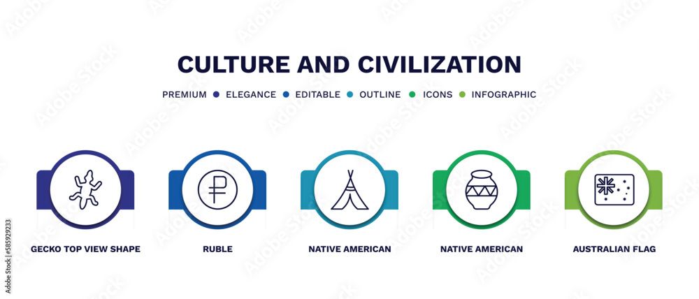 set of culture and civilization thin line icons. culture and civilization outline icons with infographic template. linear icons such as gecko top view shape, ruble, native american wigwam, native set of culture and civilization thin line icons. culture and civilization outline icons with infographic template. linear icons such as gecko top view shape, ruble, native american wigwam, native