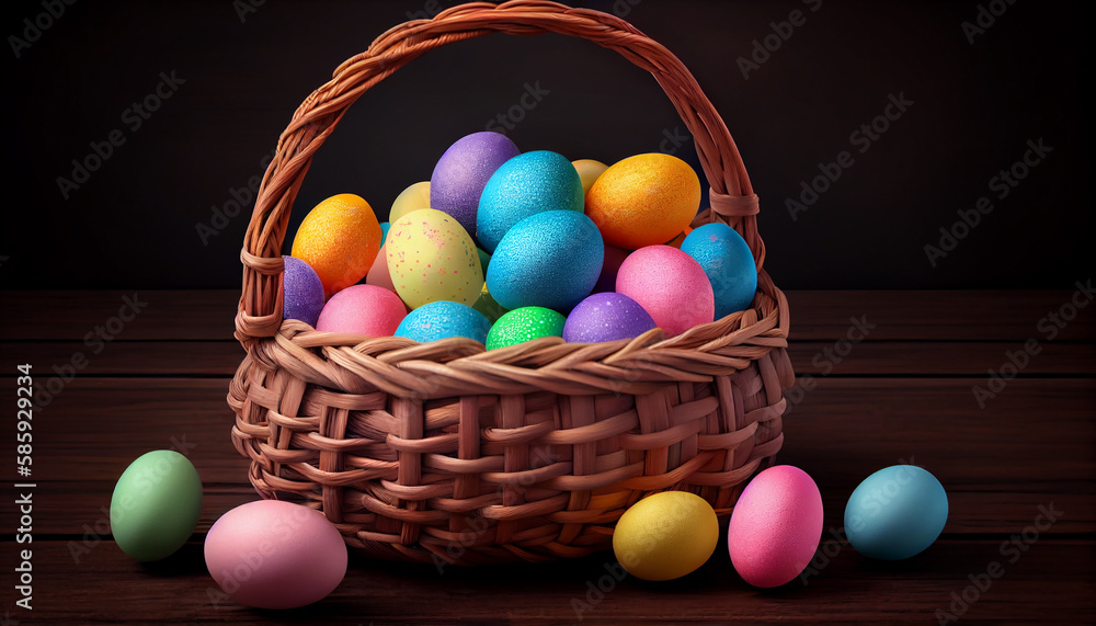 Woven basket full of colorful Easter eggs on a wooden table against a black background, generative AI