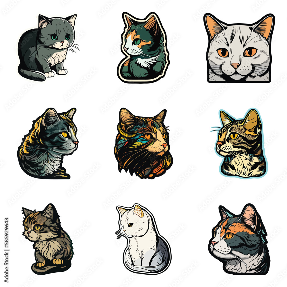 Fototapeta premium Cat Sticker Flat Icon Set Isolated On White Background