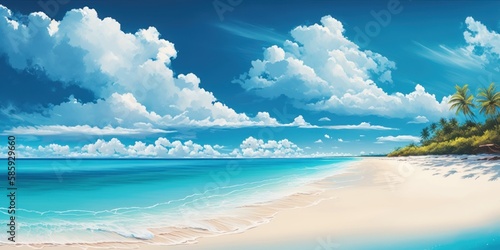 Sunny beach paradise with crystal clear blue waves, Relaxing on a sun lounger with ocean waves crashing, Tropical vacation escape with a stunning coastline, GENERATIVE AI