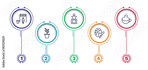 set of museum and exhibition thin line icons. museum and exhibition outline icons with infographic template. linear icons such as metal detector, sculpture, cafe, botanical, palette vector.