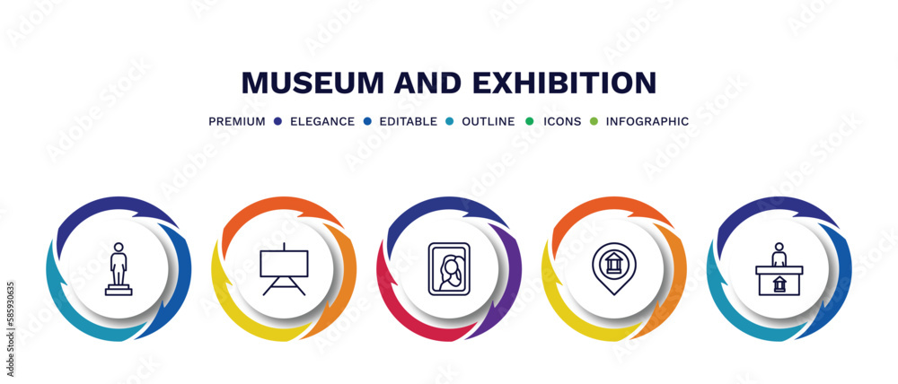 set of museum and exhibition thin line icons. museum and exhibition outline icons with infographic template. linear icons such as statue, museum canvas, gioconda, map, information desk vector.