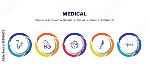 set of medical thin line icons. medical outline icons with infographic template. linear icons such as crutch, drugs, microbe, tooth brush, lifeline vector.