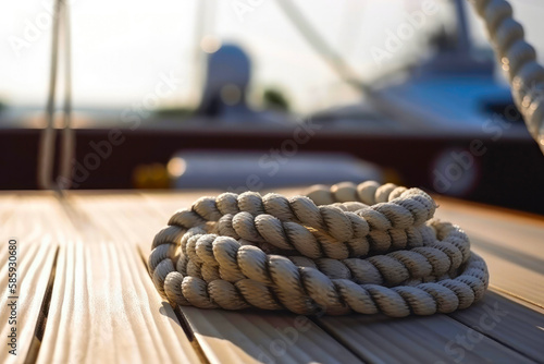 Yachting background. Rope lying on a yacht deck. Created with Generative AI technology.