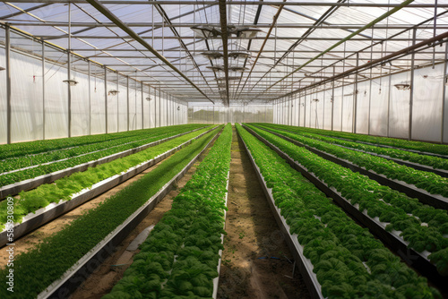 Industrial modern greenhouses in agriculture. Created with Generative AI technology.