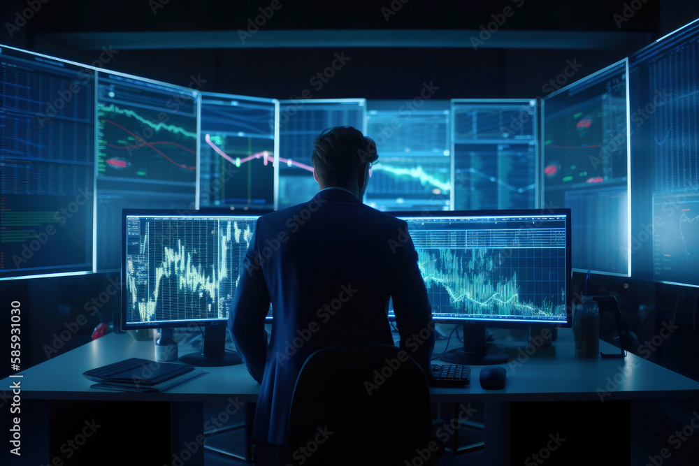 Successful trader follows stock charts on the monitors. Trading stocks and cryptocurrencies. Created with Generative AI technology. Successful trader follows stock charts on the monitors. Trading stocks and cryptocurrencies. Created with Generative AI technology.