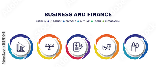 set of business and finance thin line icons. business and finance outline icons with infographic template. linear icons such as loss chart, item connections, bailment, hand with money gear, nails
