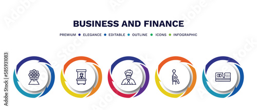 set of business and finance thin line icons. business and finance outline icons with infographic template. linear icons such as big ferris wheel, bank teller, man with moustach, sitting, broken