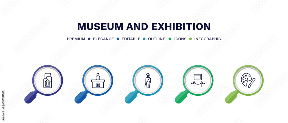 set of museum and exhibition thin line icons. museum and exhibition outline icons with infographic template. linear icons such as archivist, information desk, security guard, exhibit, palette set of museum and exhibition thin line icons. museum and exhibition outline icons with infographic template. linear icons such as archivist, information desk, security guard, exhibit, palette