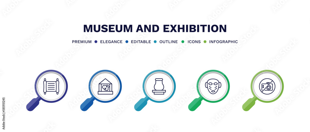 set of museum and exhibition thin line icons. museum and exhibition outline icons with infographic template. linear icons such as paper scroll, geological, souvenir, african mask, no photo vector. set of museum and exhibition thin line icons. museum and exhibition outline icons with infographic template. linear icons such as paper scroll, geological, souvenir, african mask, no photo vector.