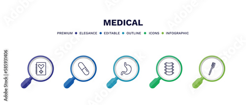 set of medical thin line icons. medical outline icons with infographic template. linear icons such as medical history, pill, stoh, spinal column, tooth brush vector.