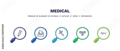 set of medical thin line icons. medical outline icons with infographic template. linear icons such as ointment, tissue paper, anesthesia, uterus, lifeline vector.