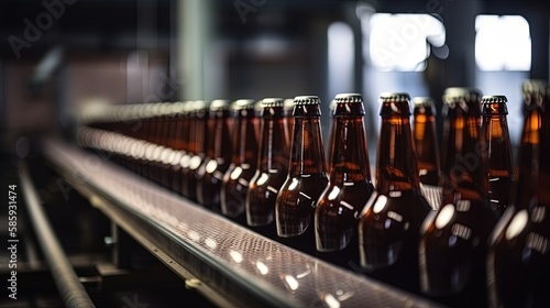 Close up view of a row of beer bottles being processed in a factory Generative AI