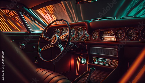 Car speed drive on the road in night city. Retro wave neon noir lights color toning © ArtStage