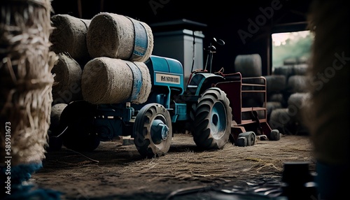Hay Storage and the Tractor. Farming and Agriculture Theme. Heavy Duty Tractor. Night neon glowing. Farm wallpaper.