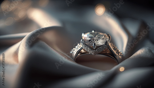 Diamond engagement ring in silk sheets. Created with Generative AI © AI Studio - R
