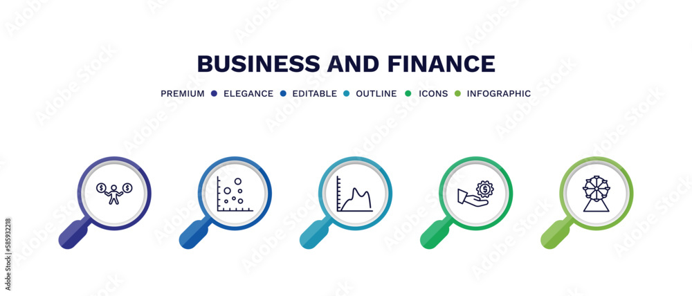 set of business and finance thin line icons. business and finance outline icons with infographic template. linear icons such as man holding a big coin, scatter chart, smooth line chart, hand with