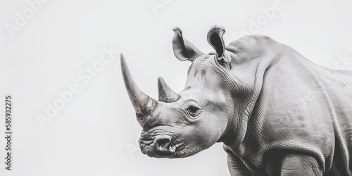 Black and white close up portrait of a rhinoceros  rhino  light background  white background  Generative AI