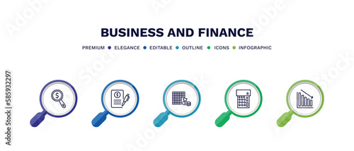 set of business and finance thin line icons. business and finance outline icons with infographic template. linear icons such as dollar business search, bailment, economy games, calculator maths