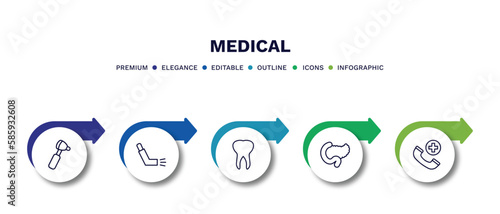 set of medical thin line icons. medical outline icons with infographic template. linear icons such as otoscope, inhalator, teeth, pancreas, emergency call vector.