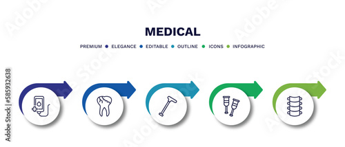 set of medical thin line icons. medical outline icons with infographic template. linear icons such as transfusion, caries, walking stick, crutches, spinal column vector.
