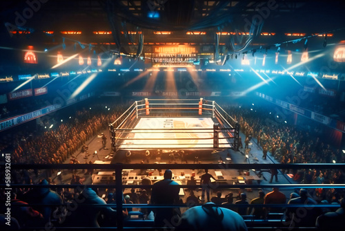 An electrifying boxing ring with a knockout punch frozen in time, surrounded by an arena of cheering fans