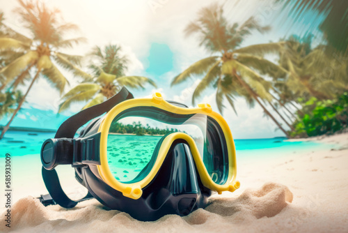 Snorkeling mask on the beach of a tropical Maldives island. AI generative