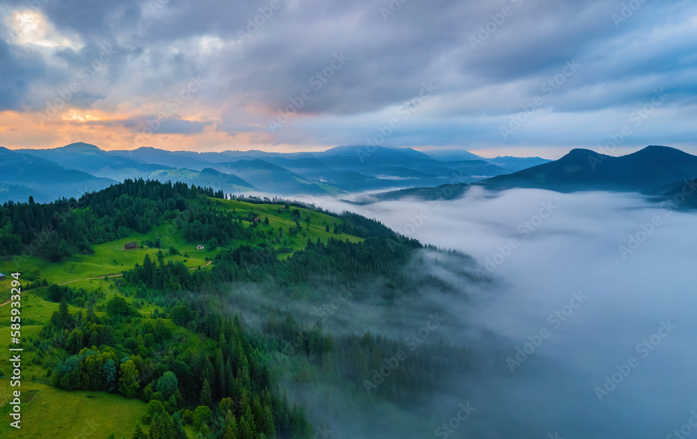 Majestic mountains landscape under morning sky with clouds. Overcast sky before storm. Carpathian, Ukraine