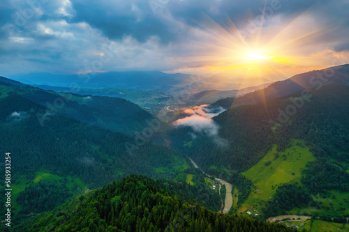 Mountains in clouds at sunrise in summer. Aerial view of mountain peak with green trees in fog. Beautiful landscape with high rocks  forest  sky.