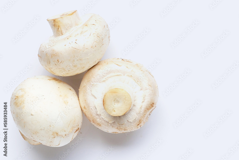 Champignon mushrooms on white background. Top view Champignon mushrooms on white background. Top view