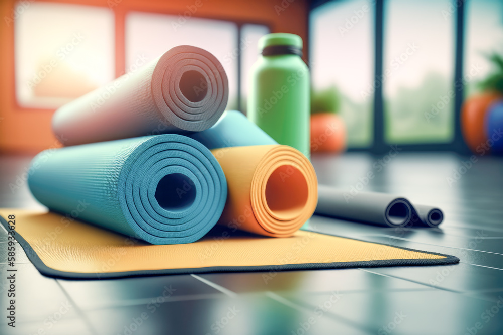 The mats are arranged neatly, each one waiting to support the next yoga enthusiast in their journey to health and wellness in fitness gym. AI generative The mats are arranged neatly, each one waiting to support the next yoga enthusiast in their journey to health and wellness in fitness gym. AI generative