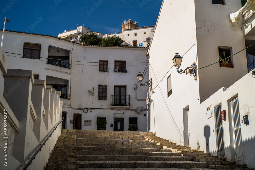 Empty streets of the old town of Altea. Classic Medieval
white Spanish town on Costa Blanca