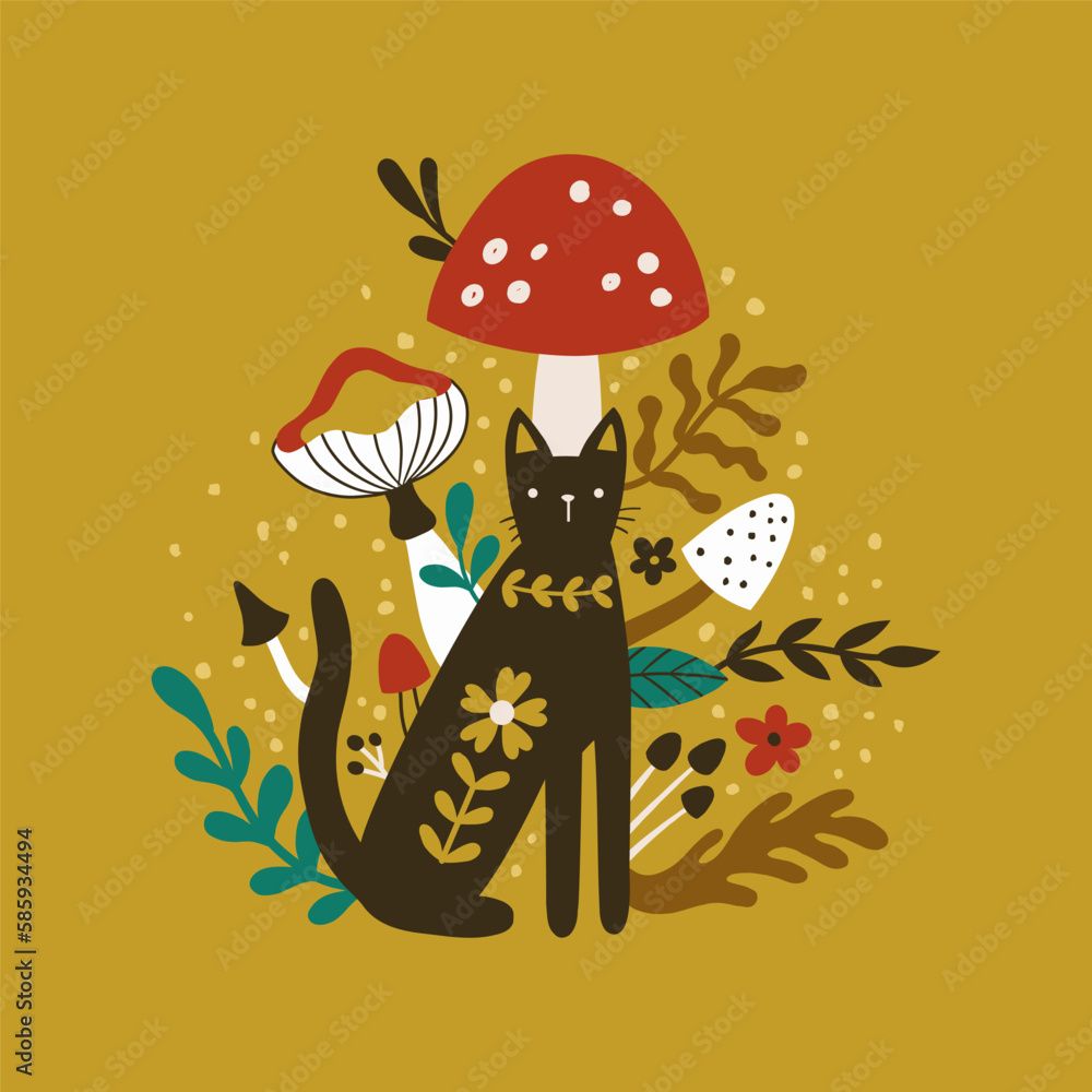 vector image of a black cat and mushrooms