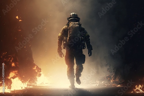 Firefighter running from epic fire back view. ai generative