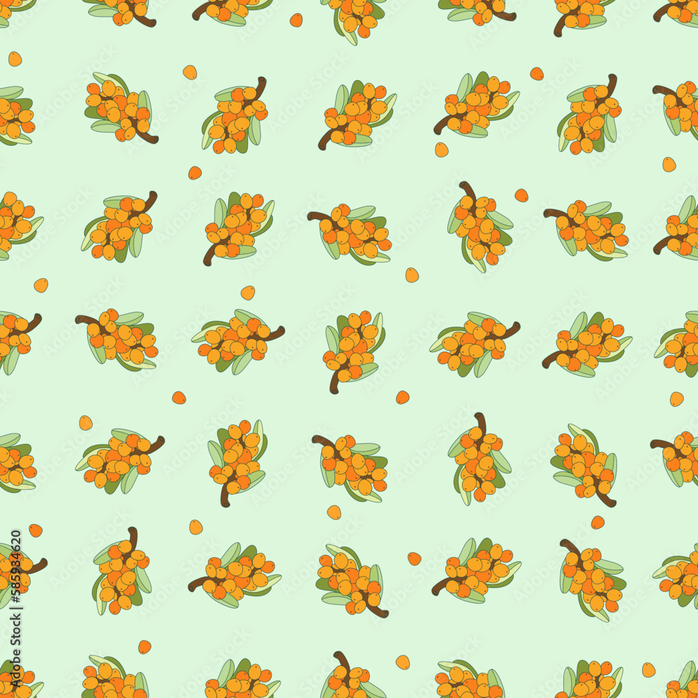 Obraz premium Simple sea buckthorn seamless pattern. Bright sea buckthorn berries, twigs and leaves. Vector outline drawn illustration. Template with berries for wallpaper, fabric, packaging