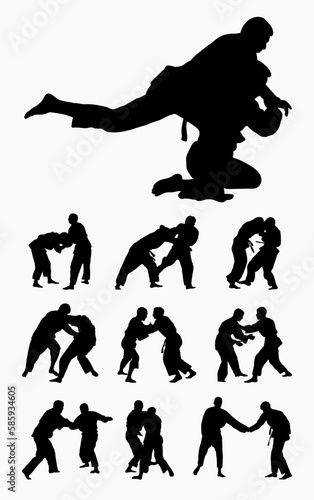 Vector collection silhouettes judoist, judoka, fighter in a duel, fight, judo sport. Martial art. Sportsmanship. Sport silhouettes pack