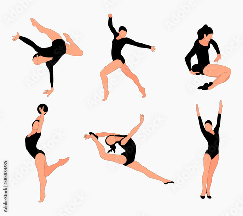 Gymnast team silhouettes set. Sport artistic gymnastics. Sports queen. Flat style. Isolated vector