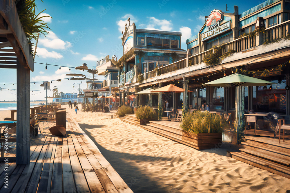 A scenic beachfront boardwalk with shops and restaurants