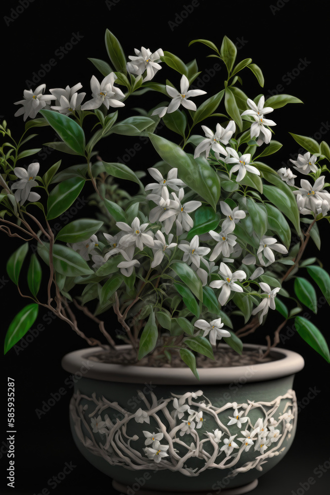 beautiful clay flower pot with white carved flower decoration, inside a plant with white flowers created with Generative AI technology