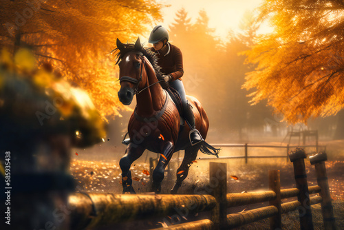 A vivid equestrian event, with horses and riders gracefully leaping over obstacles amidst a glowing, sunlit meadow