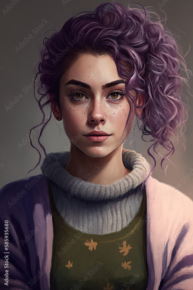 picture of a woman with purple curly hair wearing a grey knitted sweater with turtleneck and a purple jacket created with Generative AI technology picture of a woman with purple curly hair wearing a grey knitted sweater with turtleneck and a purple jacket created with Generative AI technology