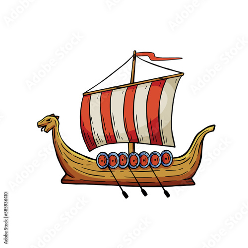 Viking boat. Nordic Drakkar, Swedish warship. Longship with oars. Cartoon scandinavian sailboat