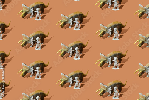 Native Indian American chief leader standing next to a large triceratops dinosaur beast on a brown background. Pattern.