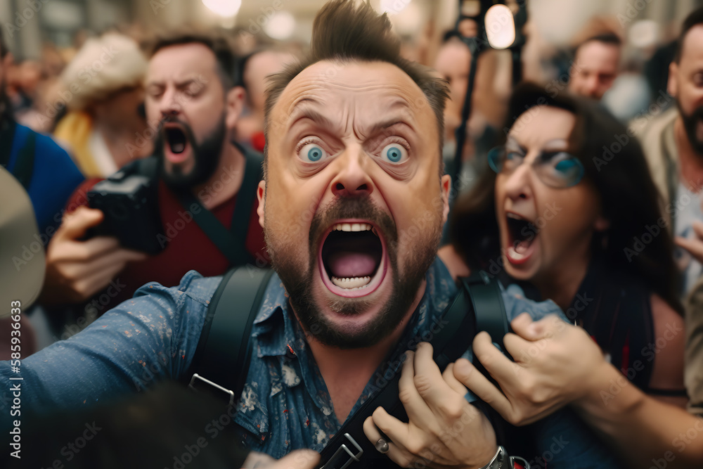 Crowd of panicking people. People scream in fear. Neural network AI