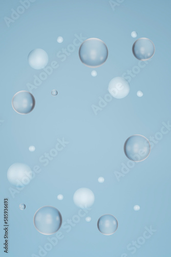 glass bubbles floating against blue background with empty space for text, 3d render