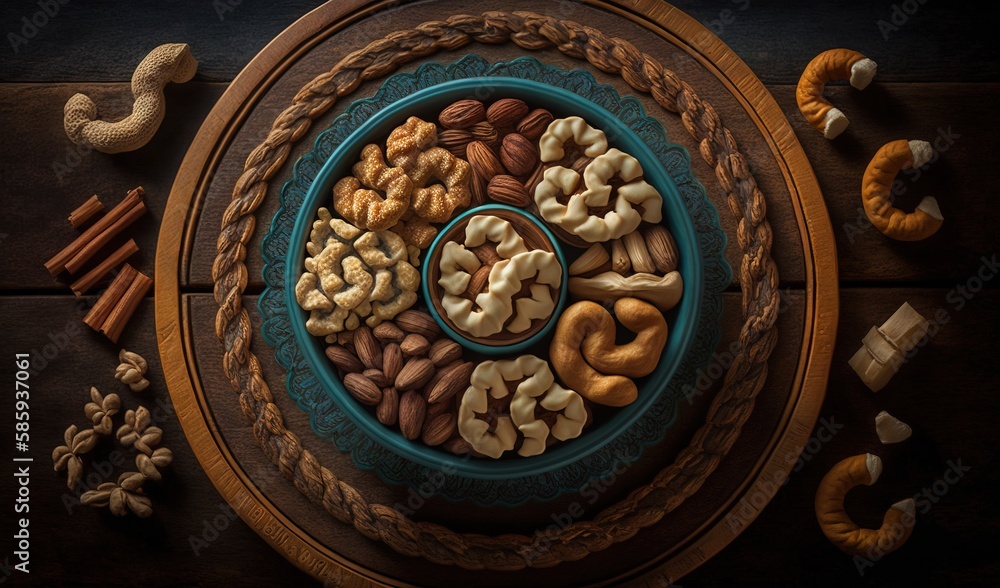  a blue plate filled with nuts and pretzels on a wooden table.  generative ai
