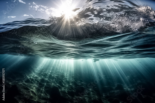 View underwater to surface ocean, sunbeam penetrate through the top layer of the ocean, illustration. Generative AI. Undersea, marine, world ocean, nature and water, image