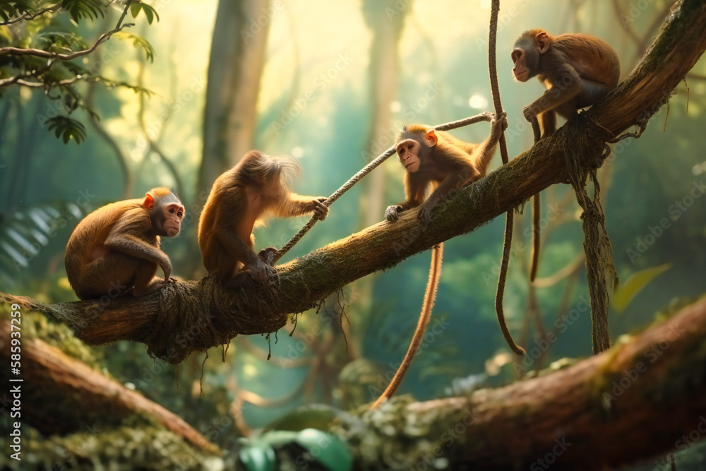A family of playful monkeys swinging from tree to tree in a dense
