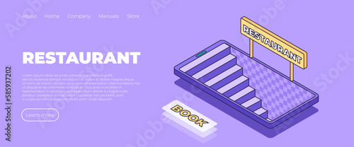 Fast food dishes are placed in front of the smartphone shop. Vector isometric on purole background
